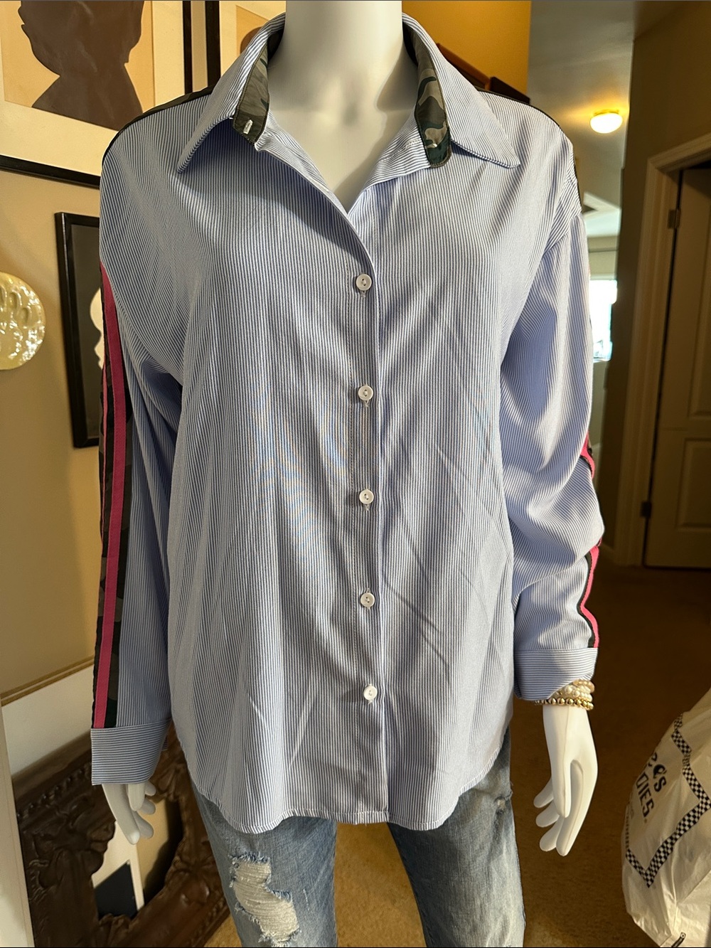 Casual Stripe Button-Down Shirt with Pink Accent
